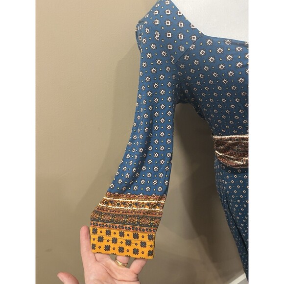 Maeve Anthropologie Teal Gold Border Print Knit Dress Sz M Hippie Boho Western - Picture 2 of 12